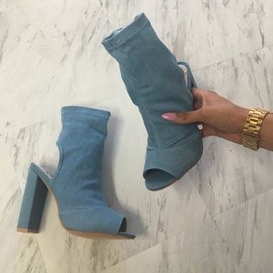 Open toe sock style denim booties